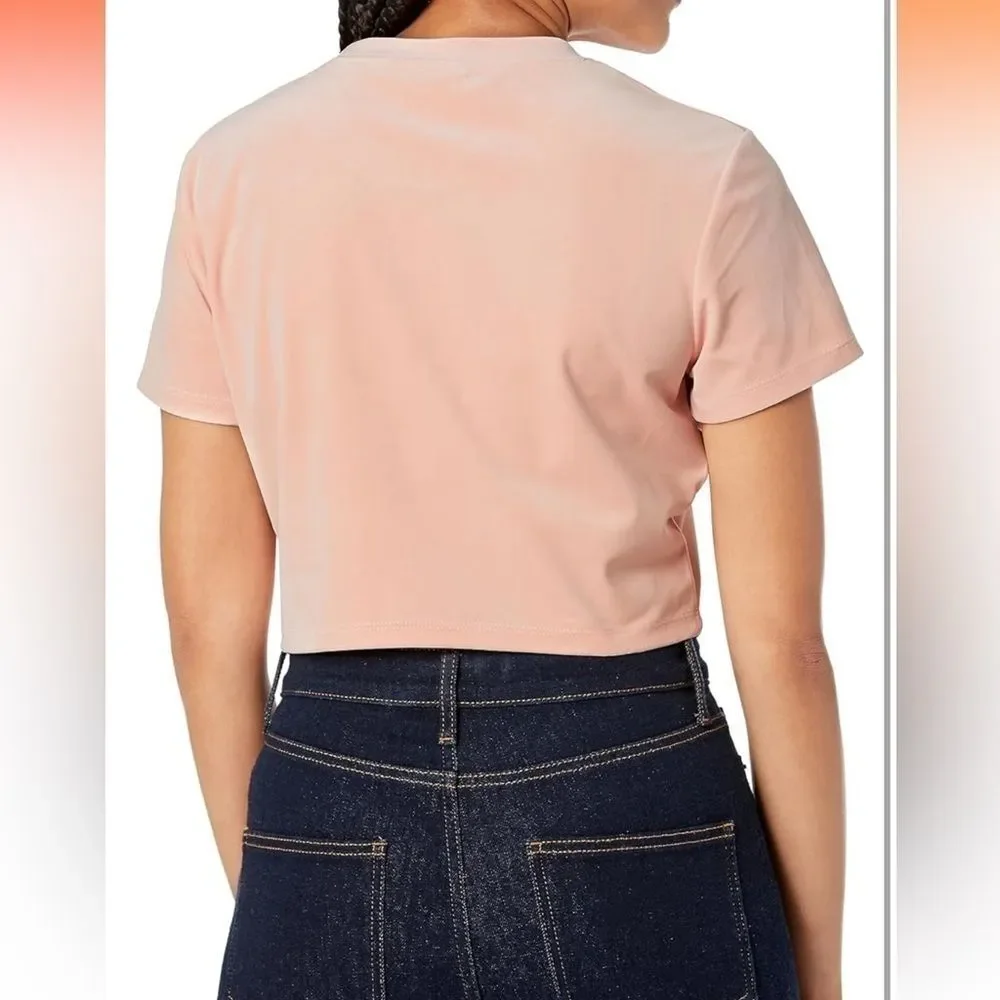 Guess Rhinestone Front Logo Powder Pink Velour Cropped Short Sleeve Shirt Size S